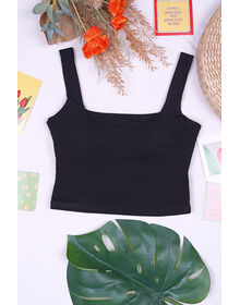 Fine Square Neck Crop Tank Top With Padding (Black)